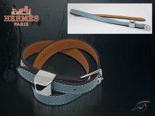 Hermes Double Tour Leather Bracelet Blue With Silver